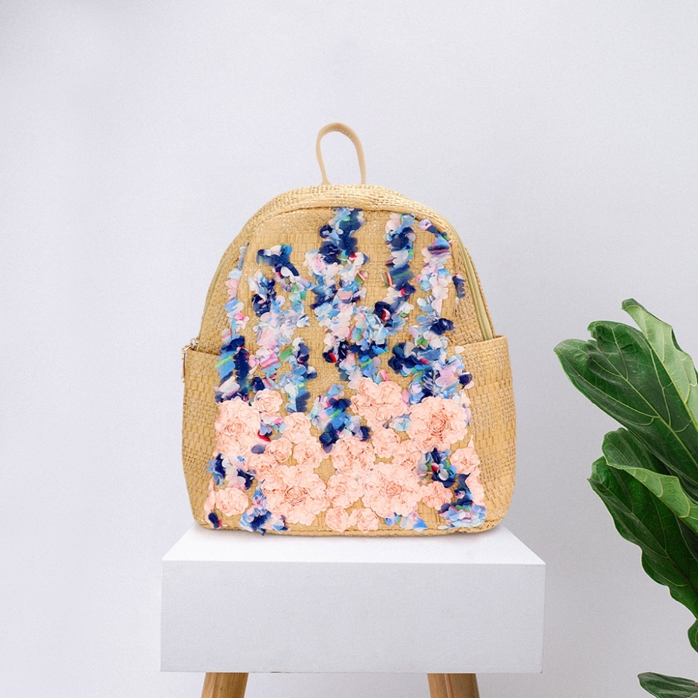 Neutral Straw Fabric Flower Embroidered Statement Zipper Trendy Backpack Bag